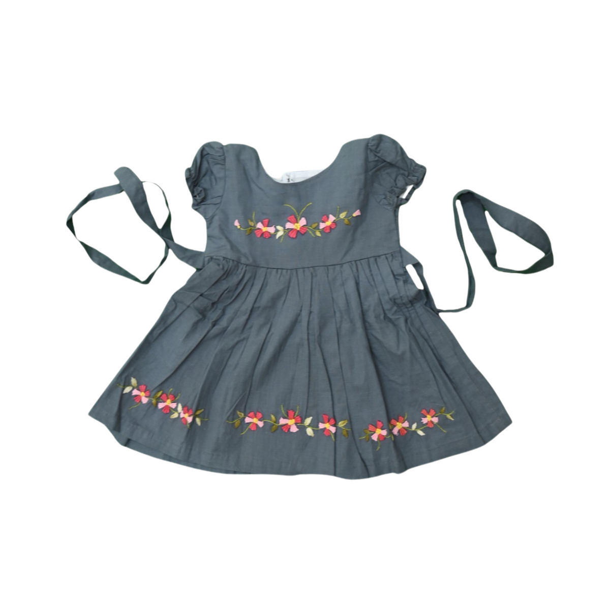 Subtle Spring Hues on Charcoal- Hand-Embroidered Cotton Frock