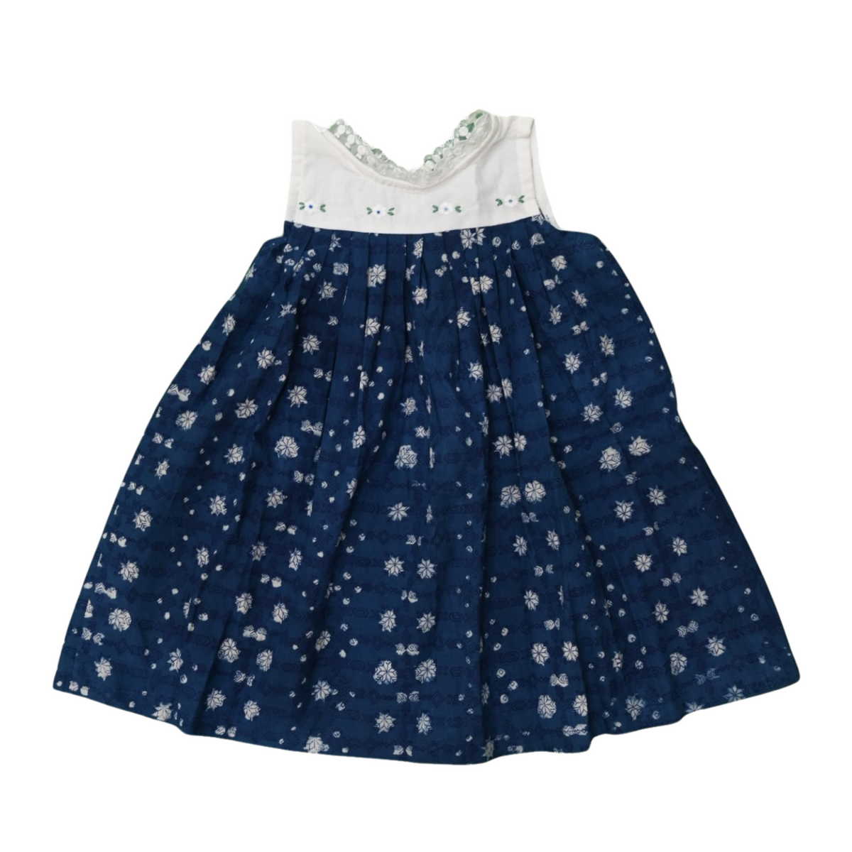 Indigo Whispers-Soft Gathered Cotton Frock With Delicate Hand- Embroidery On The Yoke