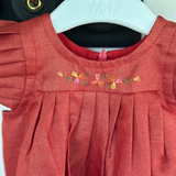 Crimson Charm: Hand-Embroidered Pleated Frock In Pure Tussar Silk With Cotton Lining