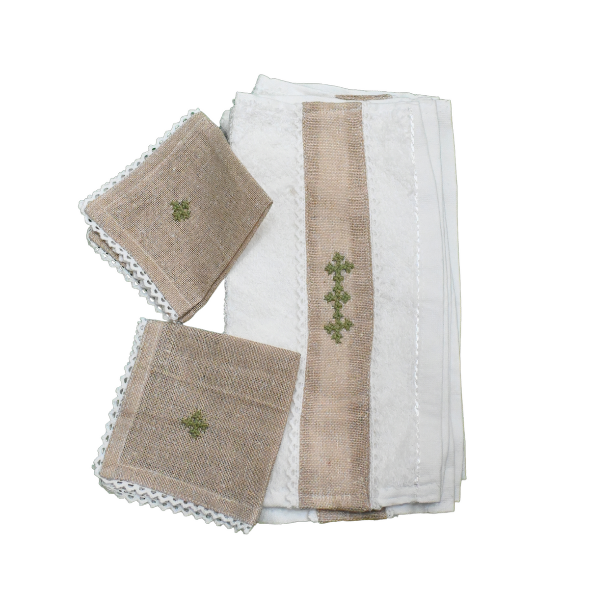 Earth & Thread: Hand-Embroidered Jute Napkin Set with Plush White Towels